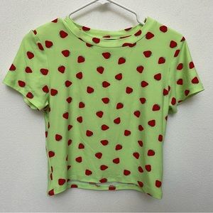 Streetwear Society Lime Green Strawberry Print Short Sleeve Crop Top Size Large